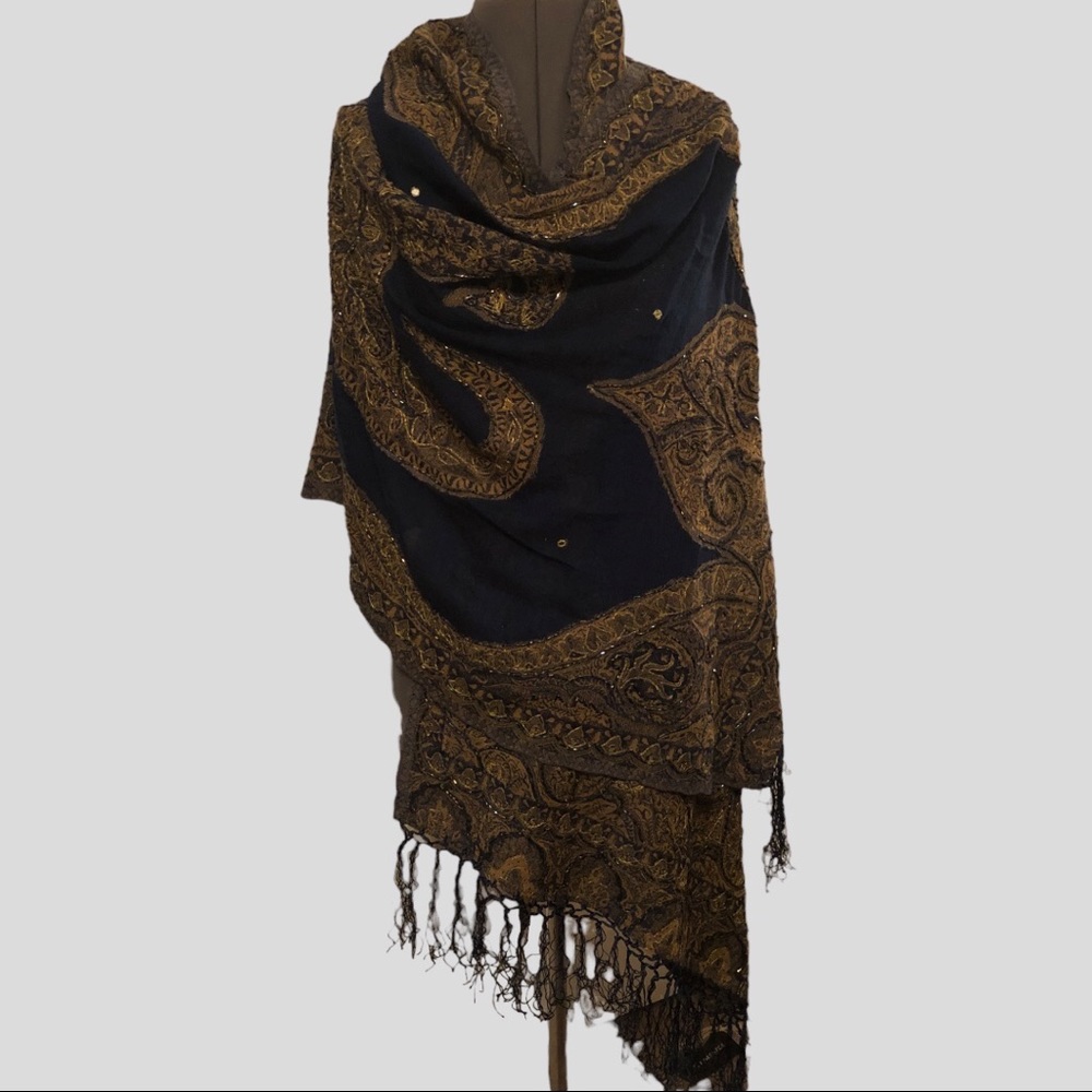 Treasures Hand Beaded Navy Gold Cashmere Shawl OS